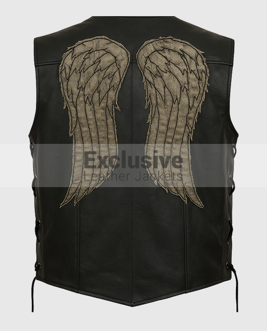 Men's Black Leather Vest with Wing Patches