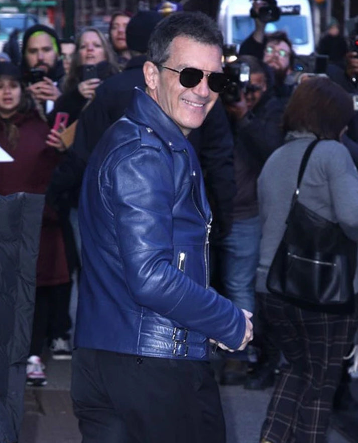 Antonio Banderas Blue Leather Biker Jacket