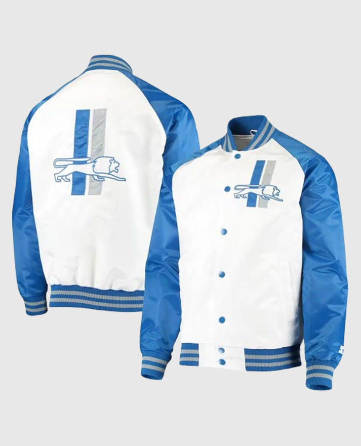 Detroit Lions Clean Up Edition White & Blue Throwback Satin Jacket