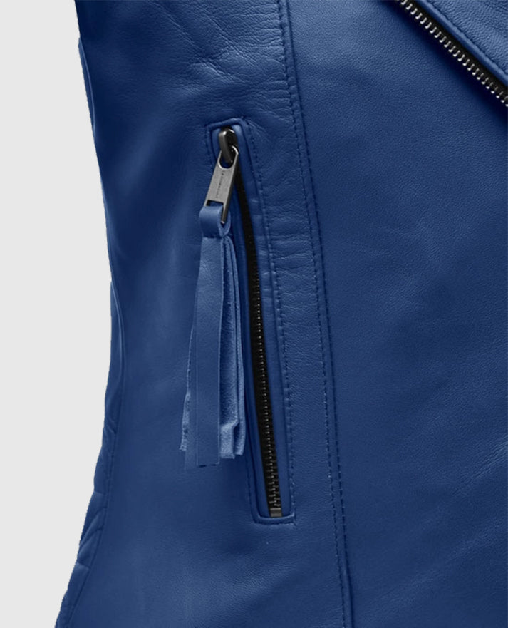 Women's Blue Leather Striped Moto Jacket