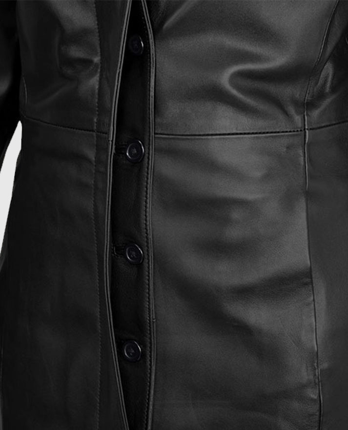 Black Selena Gomez Leather Long Coat