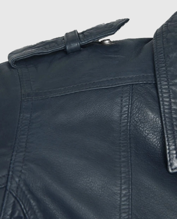 Women's Blue Washed & Wax Biker Leather Jacket