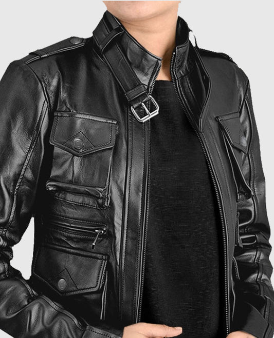 Black Leather Jacket With Multi-Pocket