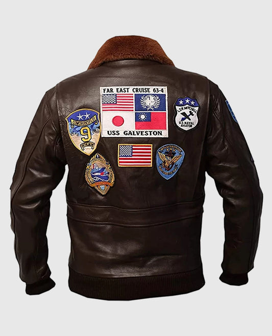 Brown Leather Aviator Jacket with Patches Back View