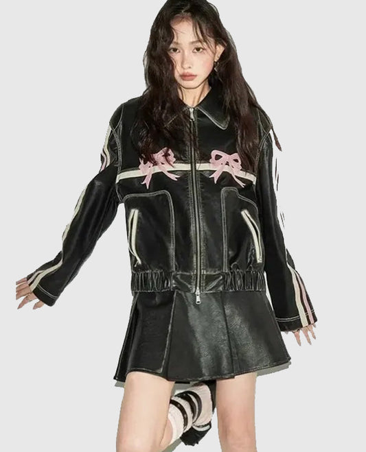 Diddi Moda Ribbon Black Leather Jacket