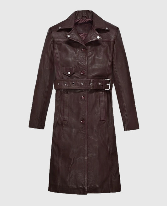 Eiza Gonzalez Leather  Maroon Trench Coat