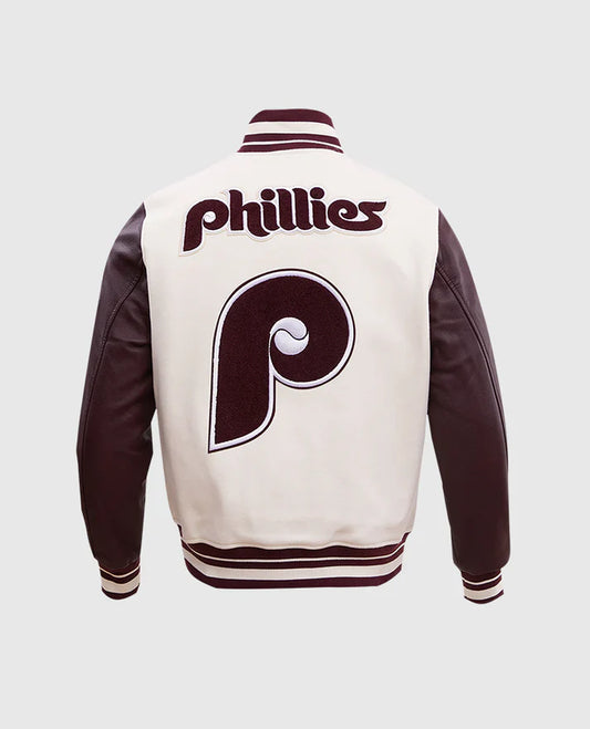 MLB Philadelphia Phillies Men's Rib Wool Brown n White Varsity Jacket