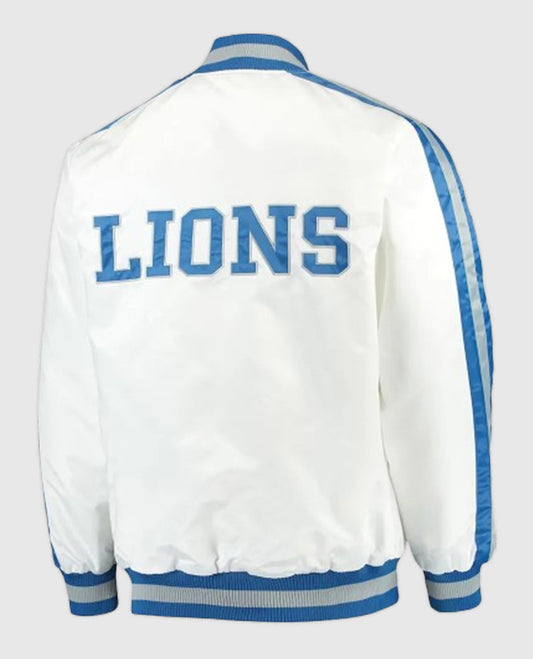 White Detroit Lions Throwback D-Line Satin Varsity Jacket