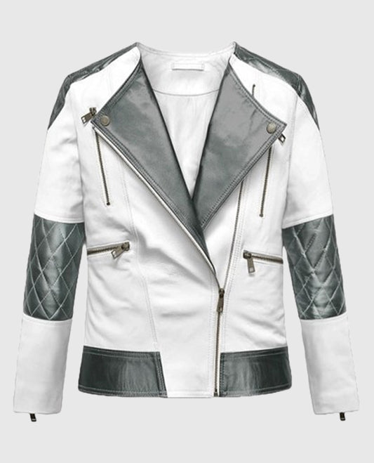 Women’s White & Silver Quilted Biker Jacket
