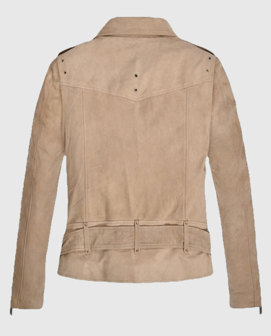 Women's Beige Biker Suede Leather Jacket