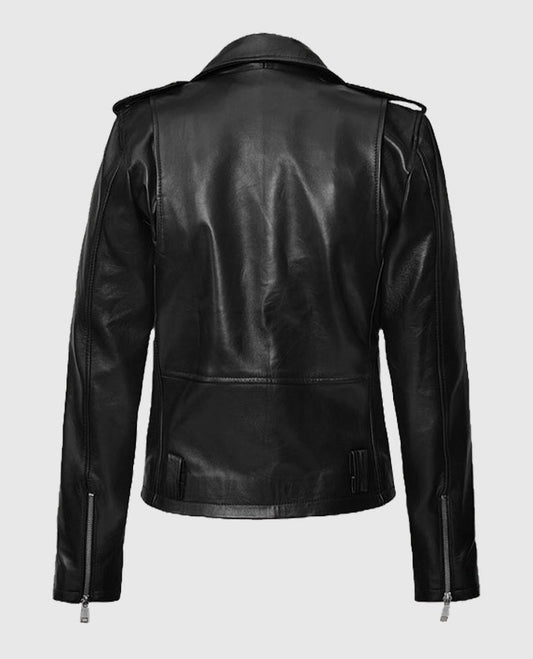 Womens Black Belted Leather Biker Jacket Back View