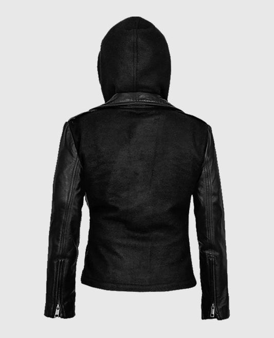 Womens Hooded Biker Black Leather Jacket