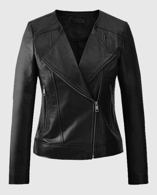 collarless leather biker jacket