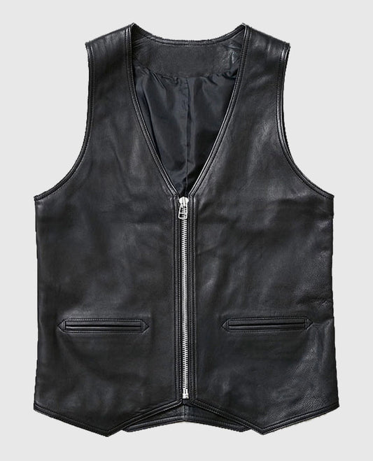 Stylish V-Neck Black Leather Vest