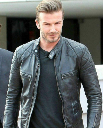 David Beckham Quilted Style Black Leather Biker Jacket