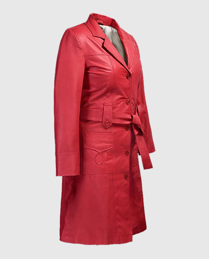 Soft Raspberry Red Rita Ora Leather Long Coat