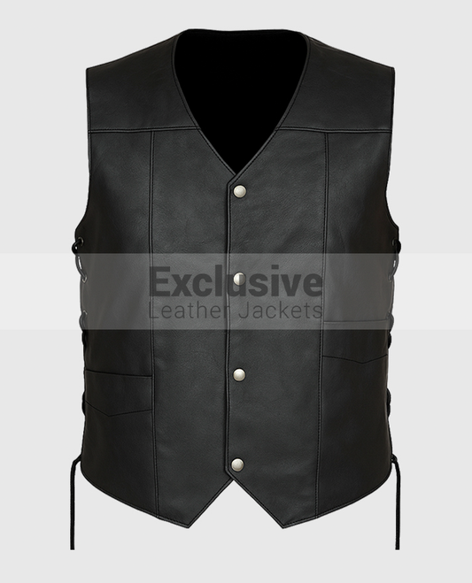 Men's Black Leather Vest with Wing Patches
