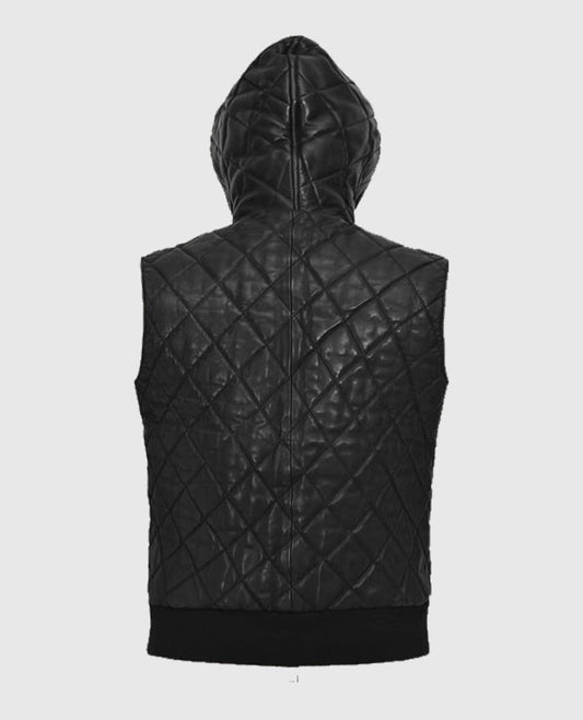 Men's Black Quilted Hooded Leather Vest