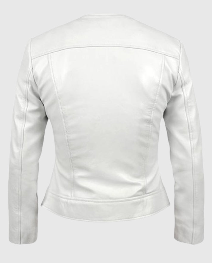 Women's Round Neck White Biker Leather Jacket