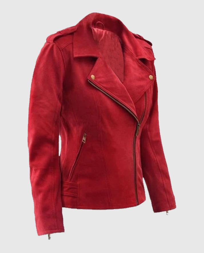 Women's Red Suede Biker Leather Jacket