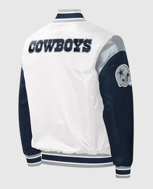 Dallas Cowboys Warm-Up Pitch White and Blue Varsity Satin Jacket