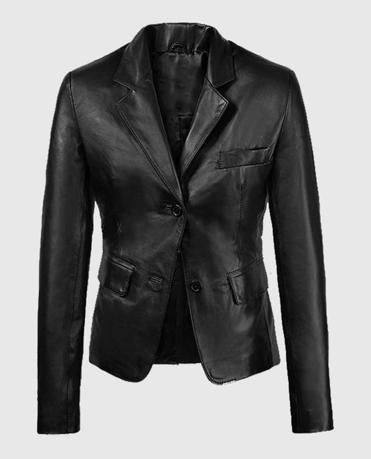2 Button Black Women's Leather Blazer