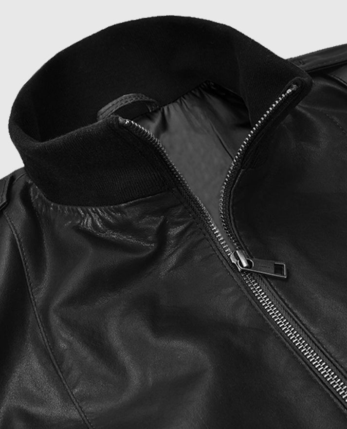 Women's Black Leather Bomber Jacket