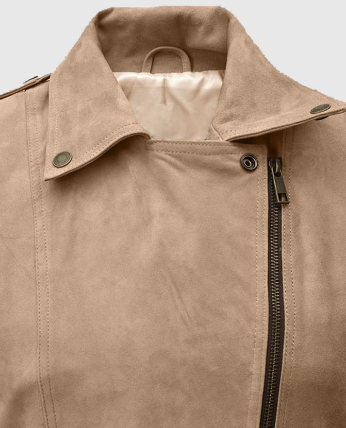 Women's Dusty Beige Suede Leather Fringes Jacket
