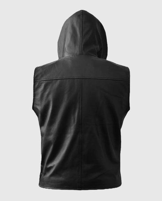 Men's Black Biker Style Leather Hooded Vest