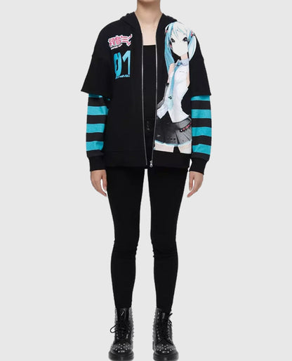 Hatsune Miku Jumbo Print Stripe Girls Hoodie