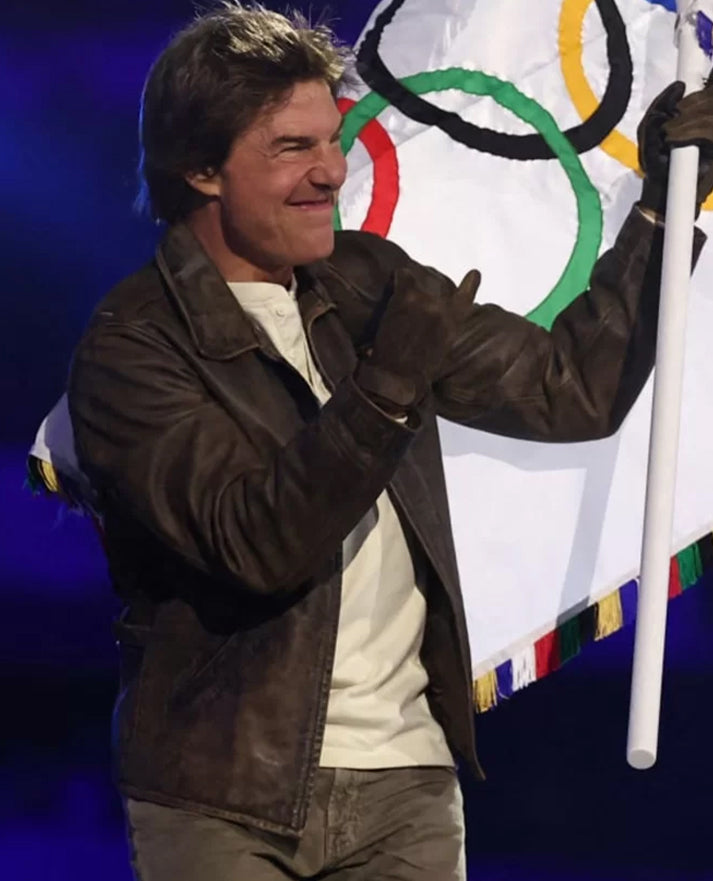 Tom Cruise Paris Olympics 2024 Brown Leather Jacket