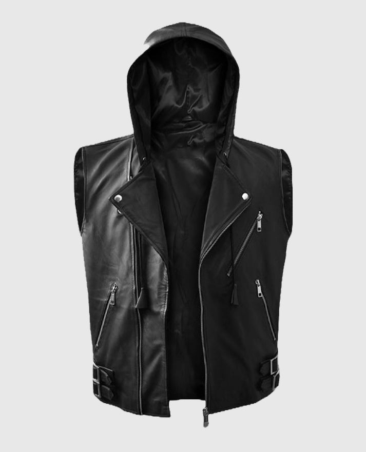 Men's Black Biker Style Leather Hooded Vest