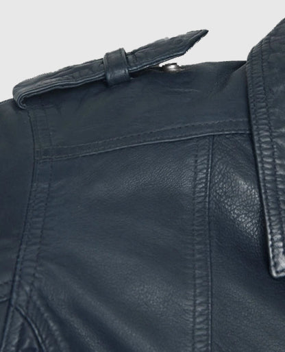 Women's Blue Washed & Wax Biker Leather Jacket