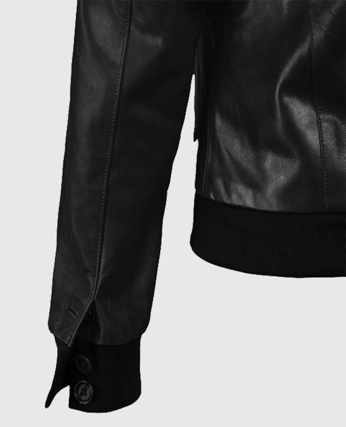 Women's Black Leather Bomber Jacket