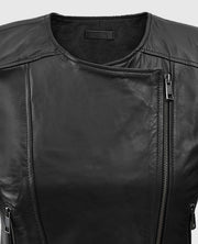 Women's Black Collarless Leather Biker Jacket