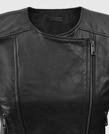 Women's Black Collarless Leather Biker Jacket