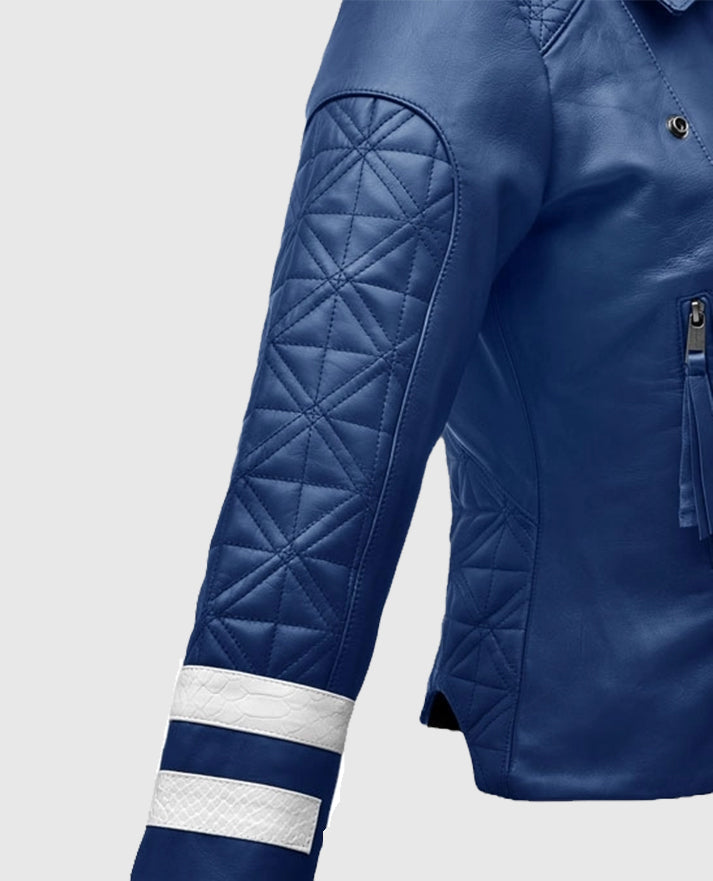 Women's Blue Leather Striped Moto Jacket