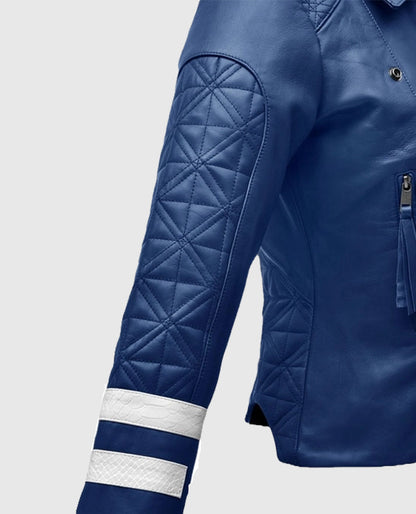 Women's Blue Leather Striped Moto Jacket