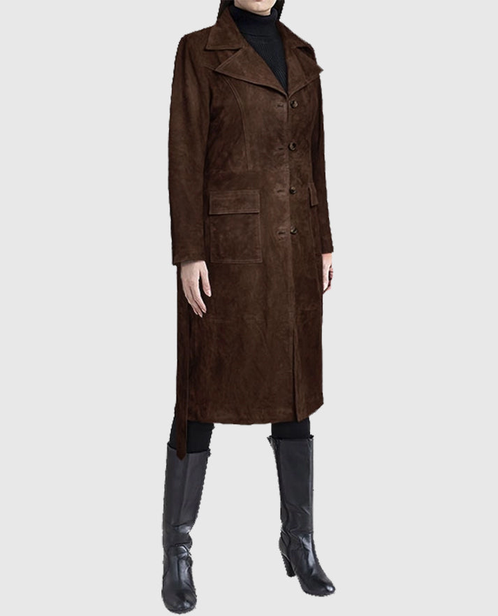 Women's Dark Brown Suede Alpine Leather Long Coat - second image