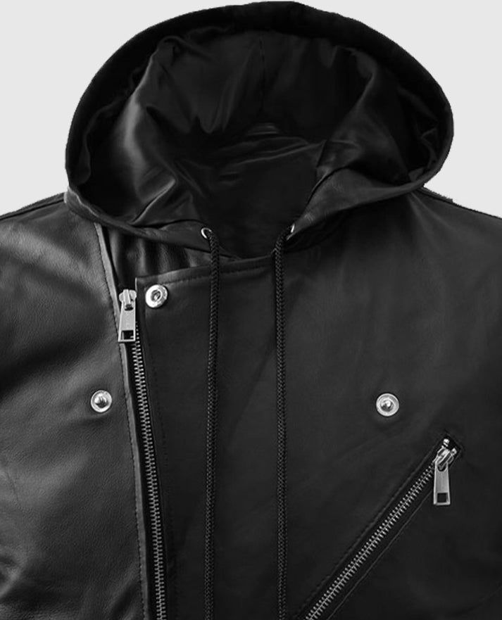 Men's Black Biker Style Leather Hooded Vest