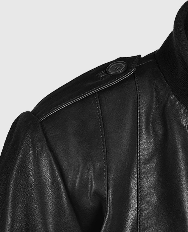 Women's Black Leather Bomber Jacket