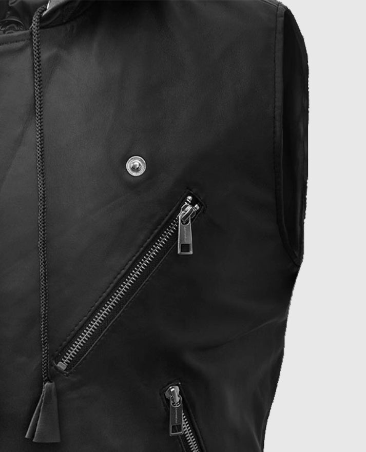 Men's Black Biker Style Leather Hooded Vest