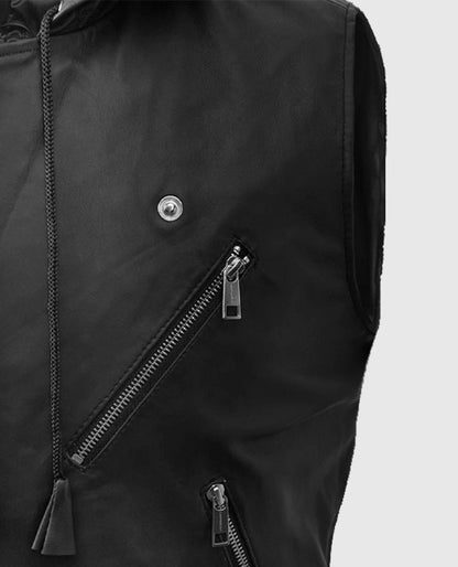 Men's Black Biker Style Leather Hooded Vest