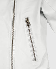 Women's Round Neck White Biker Leather Jacket