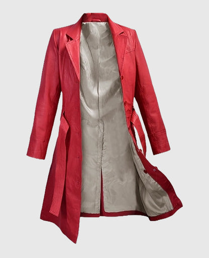 Soft Raspberry Red Rita Ora Leather Long Coat