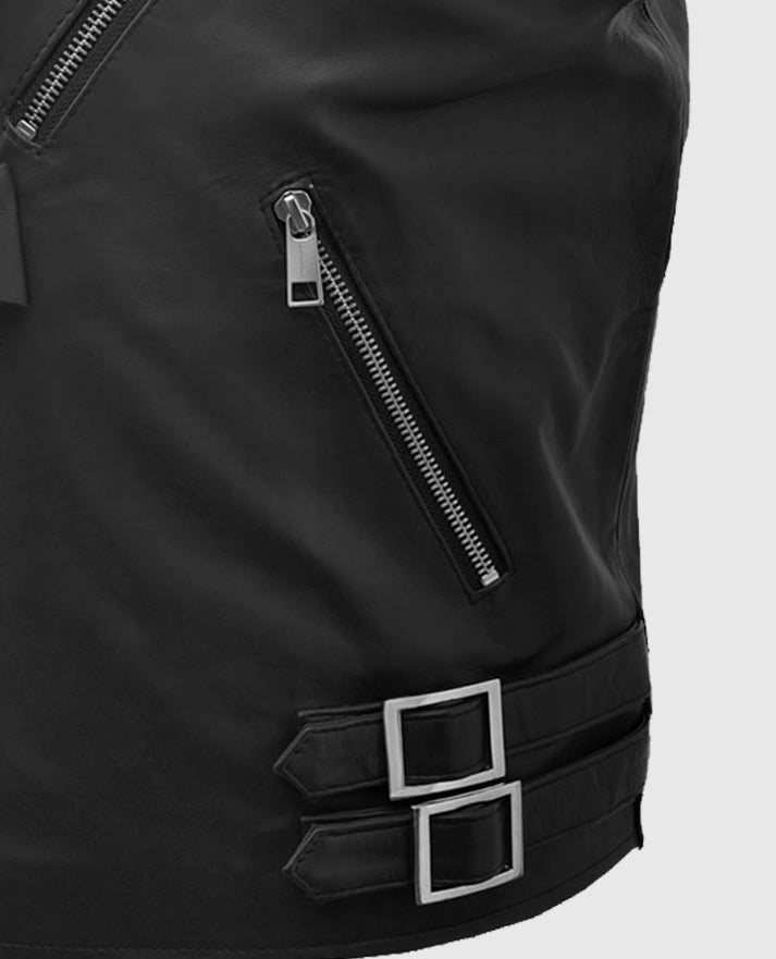 Men's Black Biker Style Leather Hooded Vest