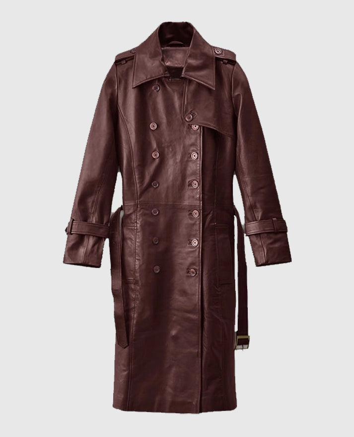 Women's Soft Maroon Wax Halcon Leather Trench Coat