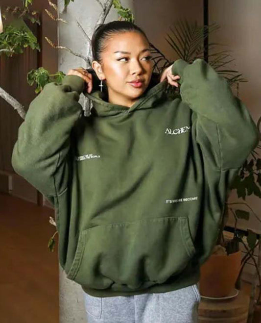 Alchemai Bonsai Hoodie in earthy green with oversized fit, hood, pouch pocket and small front graphics