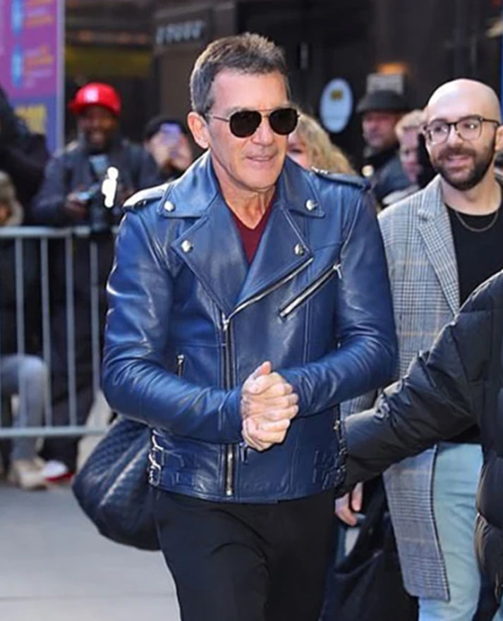 Antonio Banderas Blue Leather Biker Jacket