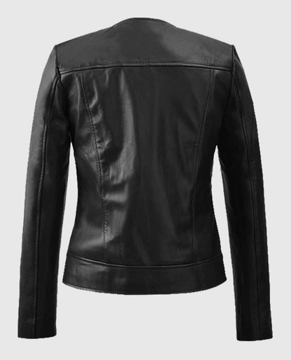 Black Collarless Leather Biker Jacket